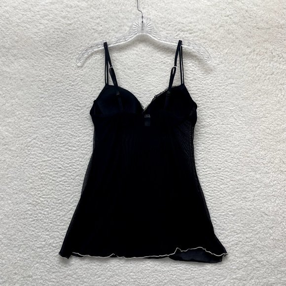 Black Chemise Slip Lingerie Womens M Medium Black Sheer Mesh Padded Embroidered - Picture 2 of 10